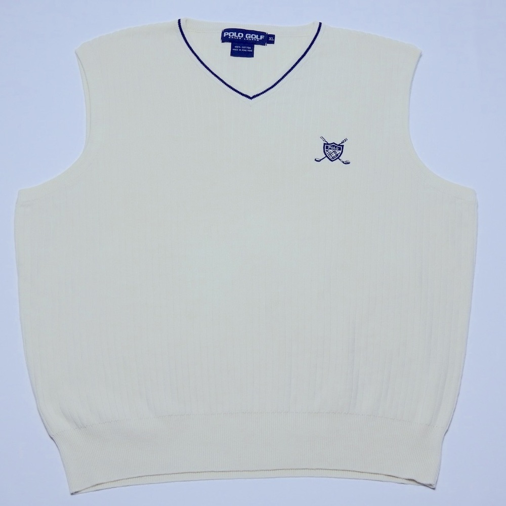 VTG Polo Golf RL Vest Men XL Ivory Cable Knit V Neck Sweater Golf Crest